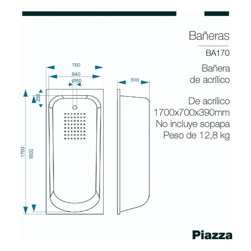 PIAZZA BAÑERA ACRILICO 1.70X70X39 BA170