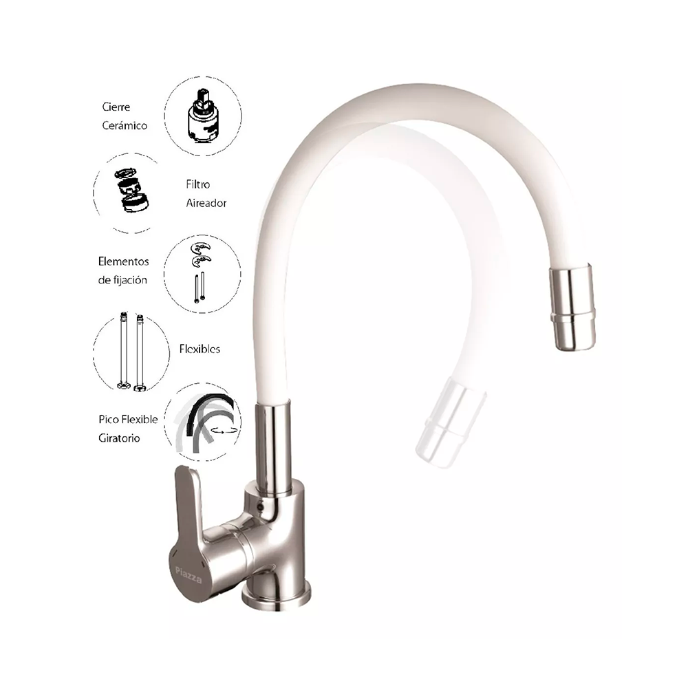 Griferia Cocina Monocomando Flexible Piazza Emblem Blanco