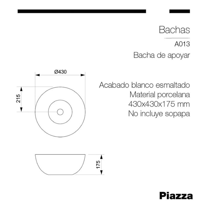 Bacha De Baño De Apoyar Piazza A013 Blanco Esmaltado